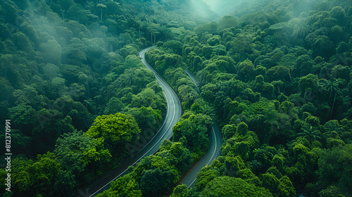 Aerial top view beautiful curve road on green forest © PatternHousePk
