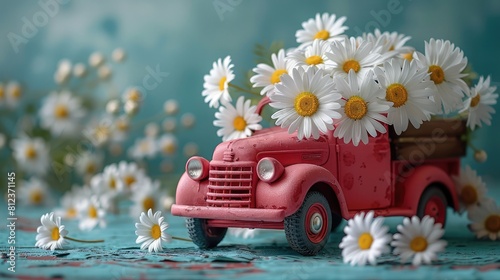 bright pink toy truck full of daisies on a bright blue background photo