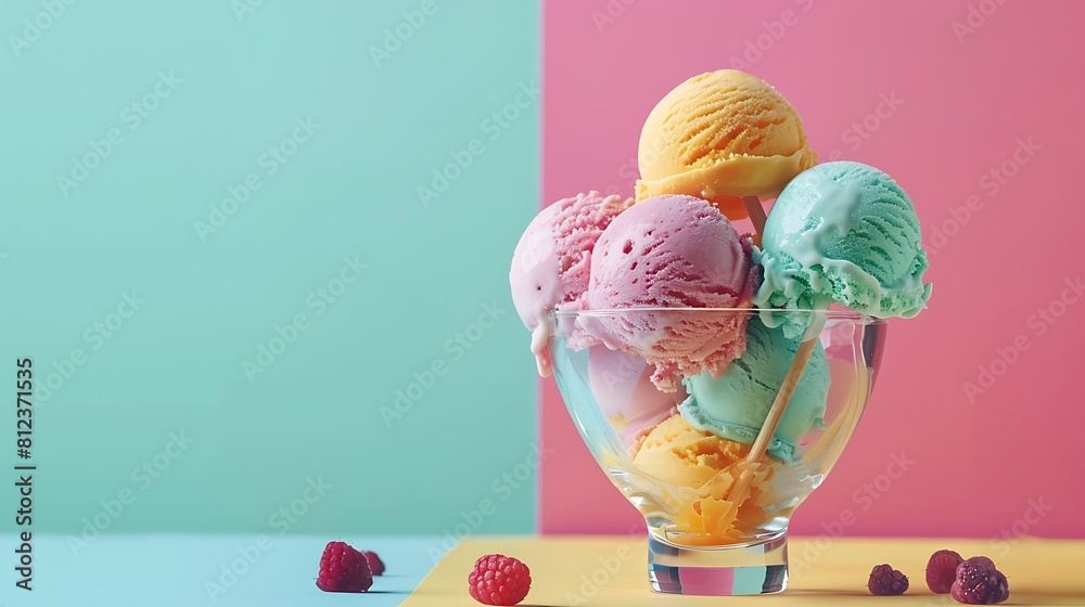 ice cream scoops in sundae cup on colorful background ice cream scoops in sundae cup on colorful background