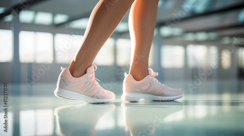 Woman Leg Wearing Shoes Standing In The Minimal Gym With Pastel Light And Copy Space For Commercial Photography