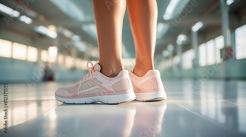 Woman Leg Wearing Shoes Standing In The Minimal Gym With Pastel Light And Copy Space For Commercial Photography