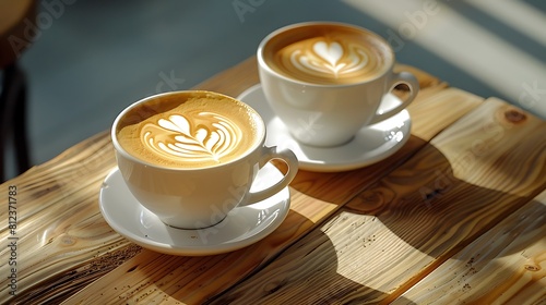 Two cups of cappuccino with latte art on wooden desktop