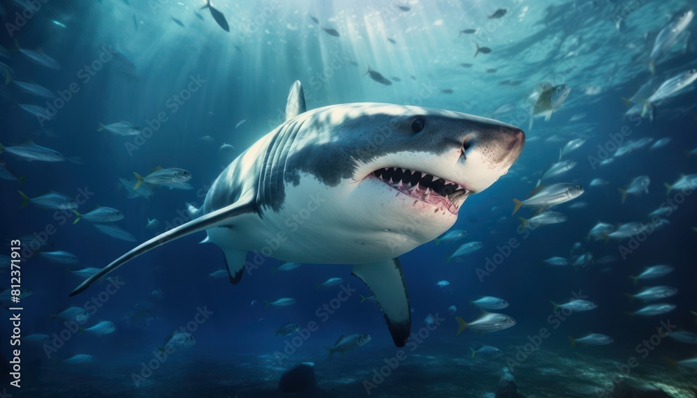 Fototapeta premium Great white shark in the ocean, portrait of White shark hunting prey in the underwater