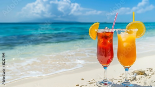 Two tasty alcoholic cocktails on tropical white beach