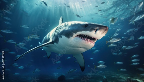 Great white shark in the ocean  portrait of White shark hunting prey in the underwater