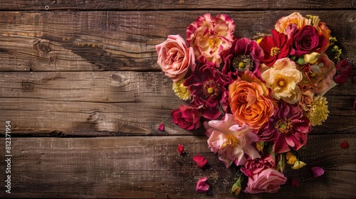 Capture the essence of Valentine s Day with a stunning vintage heart made out of flowers resting on a rustic wooden table setting the perfect backdrop for a romantic celebration © AkuAku