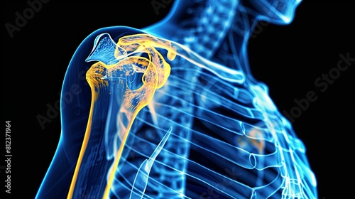 An X-ray blue of a shoulder with the upper arm and shoulder joint highlighted in yellow .MRI scan of a human ashoulder joint, showing the ball and socket joint bones and ligaments.  photo
