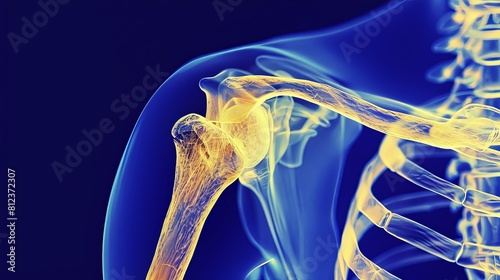 An X-ray blue of a shoulder with the upper arm and shoulder joint highlighted in yellow .MRI scan of a human ashoulder joint, showing the ball and socket joint bones and ligaments.  photo