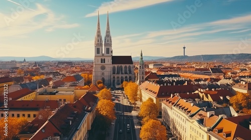 Aerial drone view of zagreb croatia historical city centre with multiple old buildings photo