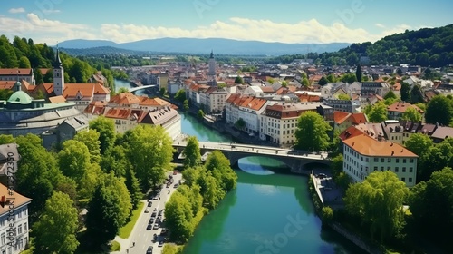 Aerial drone view of ljubljana slovenia historical city centre with lush greenery