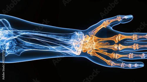 An X-ray blue of a hand with the wrist joint highlighted in yellow , show joint between arm and handMRI scan of a human arm joint, showing the bones and ligaments. 