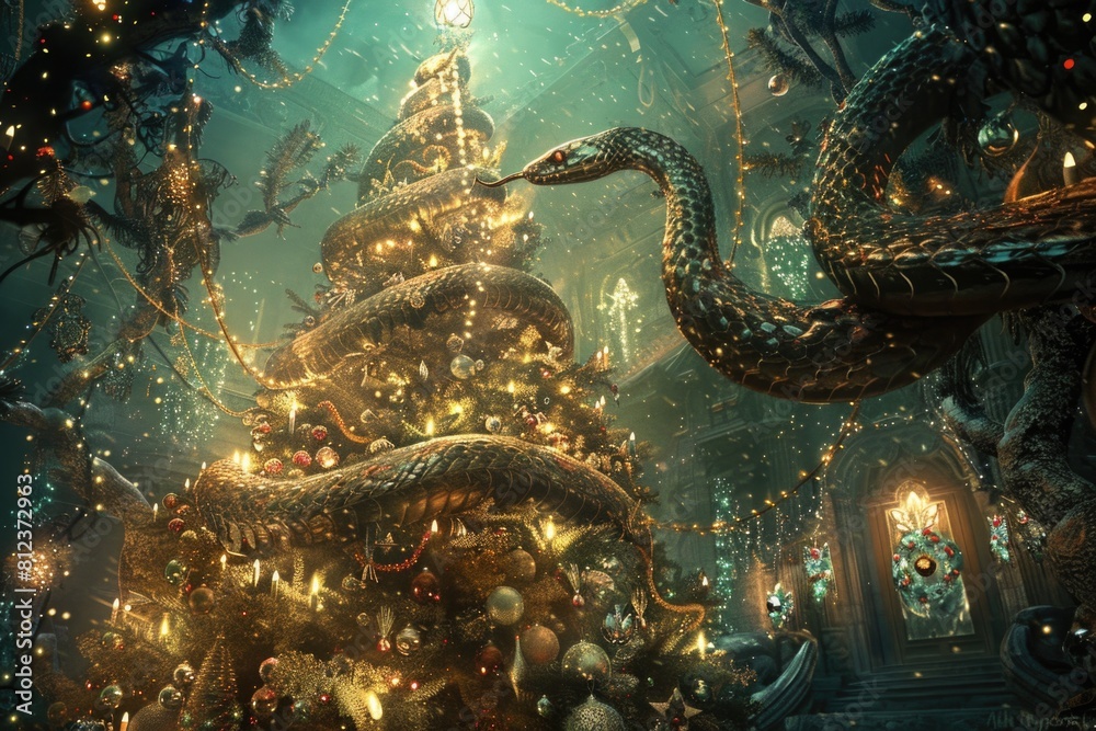 Python Entwined in Festive Christmas Tree Decorations with Warm Glowing Lights Python Entwined in Festive Christmas Tree Decorations with Warm Glowing Lights