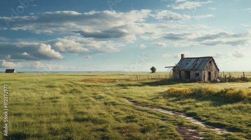 an abandoned farm on a green and beautiful plain