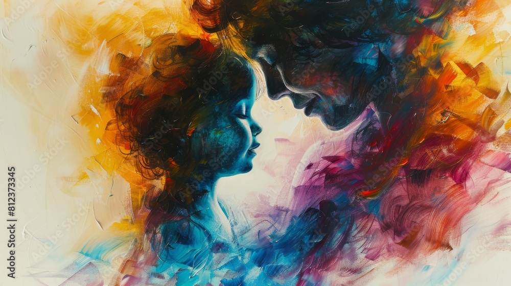 A painting of a mother and child with a blue and purple background A painting of a mother and child with a blue and purple background