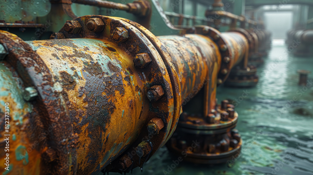 a horizontal view of a system of rusty leaky old pipes,generative ai a horizontal view of a system of rusty leaky old pipes,generative ai