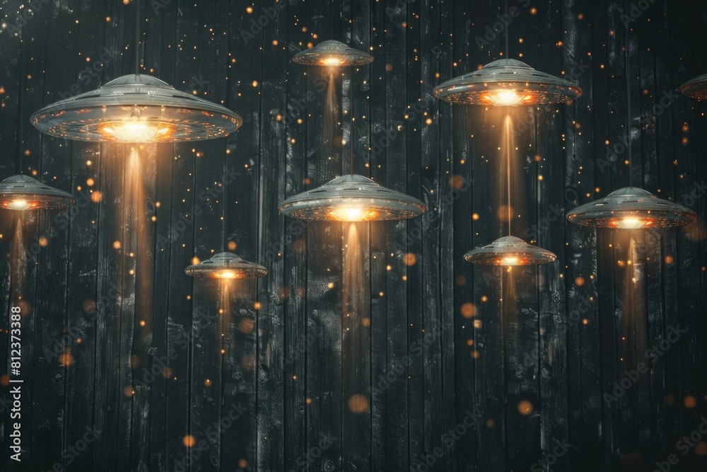 UFO Day Celebration with UFOs Hovering in the Night Sky on a Mysterious Wooden Background UFO Day Celebration with UFOs Hovering in the Night Sky on a Mysterious Wooden Background