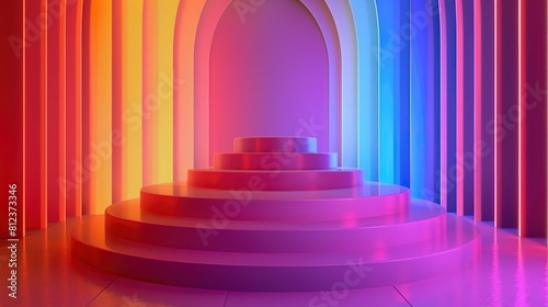 This is a 3D rendering of a rainbow. There is a pastel pink and blue gradient background, and a pastel rainbow in front of it.