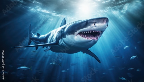 Great white shark in the ocean, portrait of White shark hunting prey in the underwater