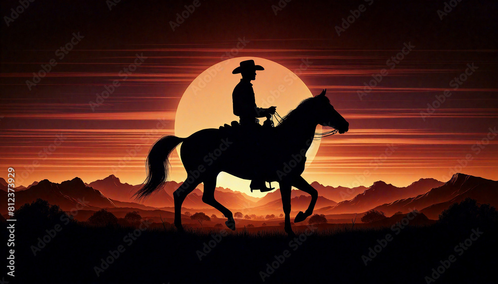Cowboy Riding Horse at Sunset. A beautiful scene from Wild West Life.