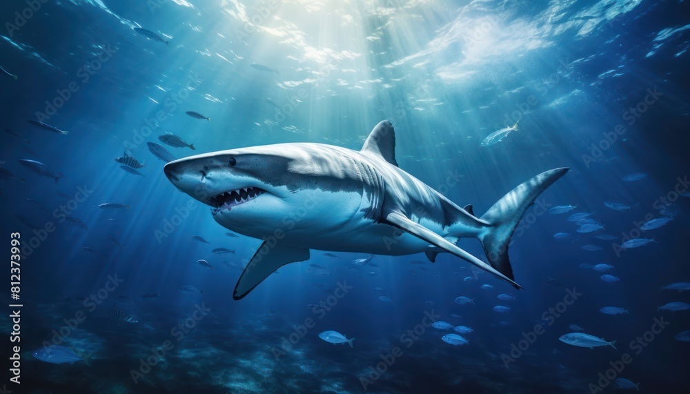 Great white shark in the ocean, portrait of White shark hunting prey in the underwater Great white shark in the ocean, portrait of White shark hunting prey in the underwater
