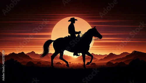 Cowboy Riding Horse at Sunset. A beautiful scene from Wild West Life. © Juan Mari