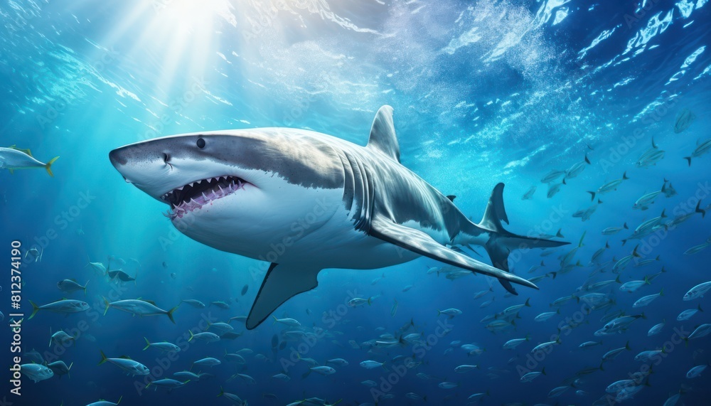 Fototapeta premium Great white shark in the ocean, portrait of White shark hunting prey in the underwater