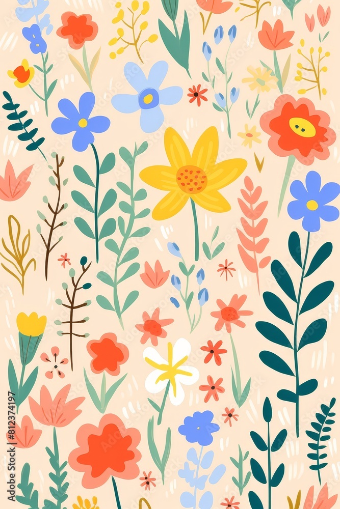 The image shows a variety of flowers and plants in a field