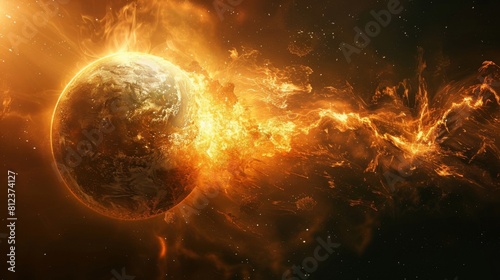 A planet is on fire and is surrounded by a cloud of fire from solar flare