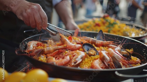 Chef serving authentic Valencian seafood fideua at a street festival close up shot photo