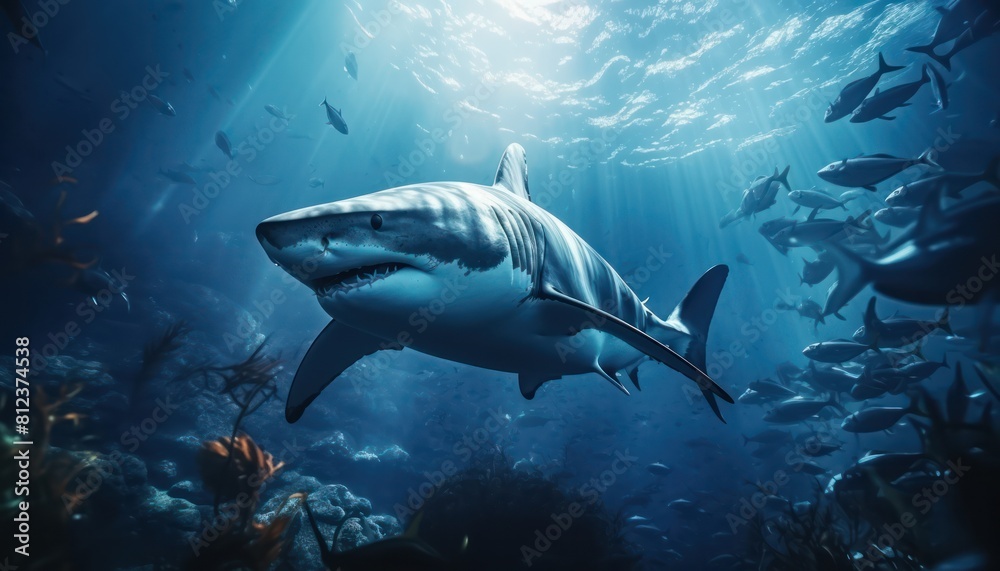 Fototapeta premium Great white shark in the ocean, portrait of White shark hunting prey in the underwater