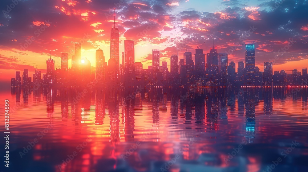 Fototapeta premium Futuristic cityscape at dusk with neon lights reflecting on sleek skyscrapers