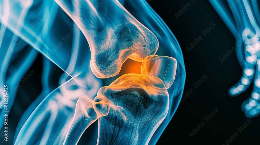 An X-ray blue of a knee with the knee joint highlighted in yellow ,MRI ...