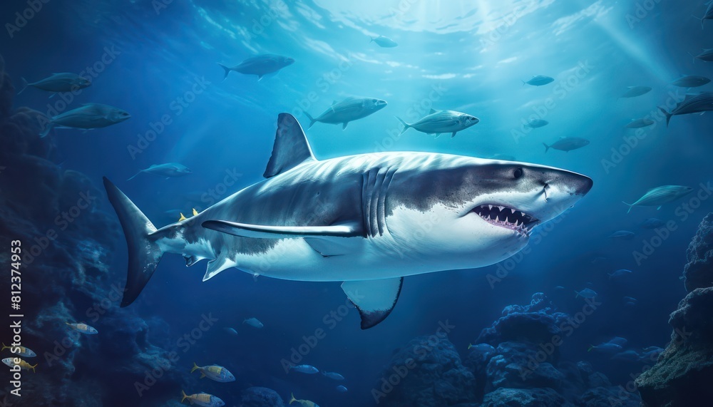 Great white shark in the ocean, portrait of White shark hunting prey in the underwater Great white shark in the ocean, portrait of White shark hunting prey in the underwater
