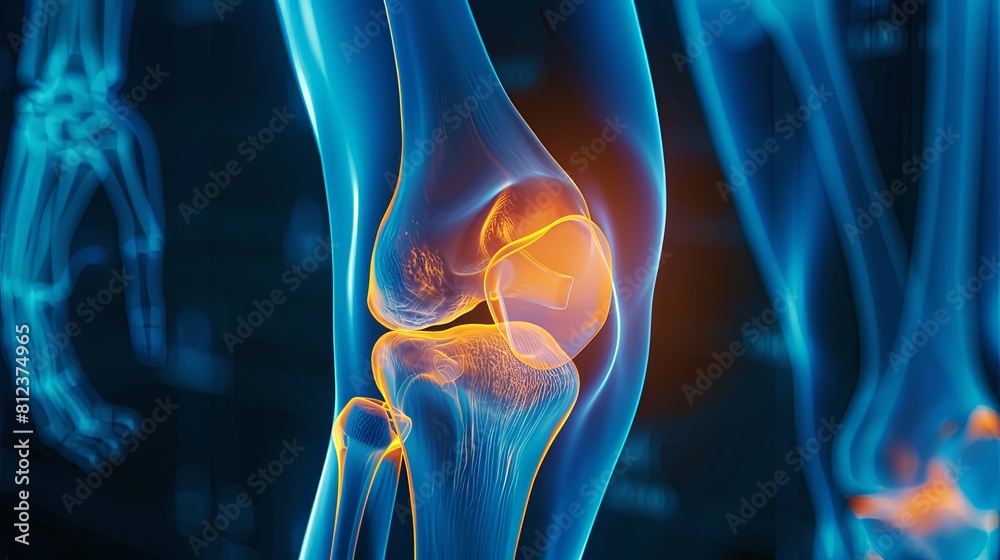 An X-ray blue of a knee with the knee joint highlighted in yellow ,MRI ...
