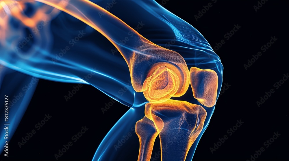 An X-ray blue of a knee with the knee joint highlighted in yellow ,MRI ...