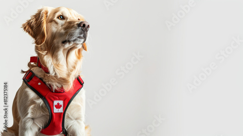 Majestic Golden Retriever in Red Vest Sitting Proudly on white background with space for text
