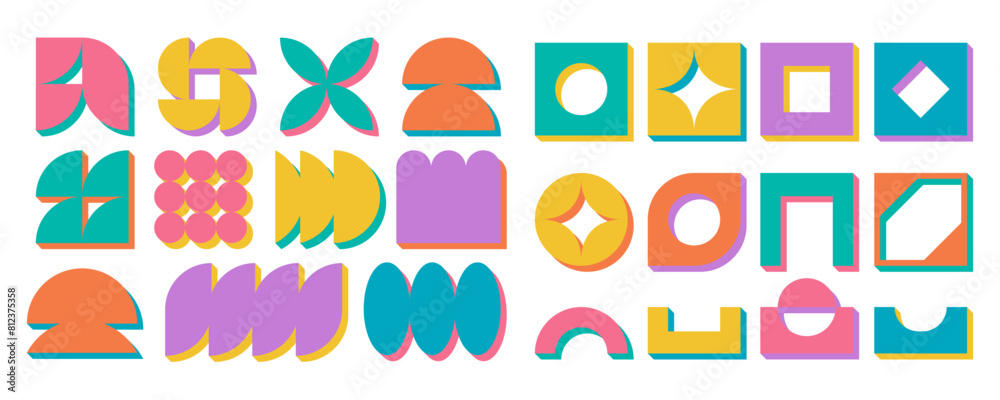 Geometric bold cartoon element set, basic decorative swiss aesthetic icon collection, trendy brutalism silhouette form in vintage illustration 80s style, modern retro brutalist figure design bundle Geometric bold cartoon element set, basic decorative swiss aesthetic icon collection, trendy brutalism silhouette form in vintage illustration 80s style, modern retro brutalist figure design bundle