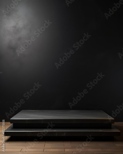 Ebony-themed podium with dark, luxurious surfaces, set against a minimalist, black background, perfect for showcasing products with a rich and sophisticated character. Copy space © Pakorn