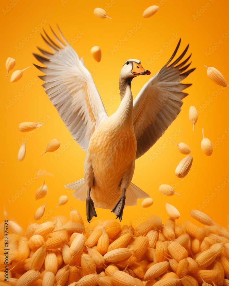 Fototapeta premium levitating goose surrounded with floating corn kernels, light tangerine pastel color background, professional studio photography, hyperrealistic, minimalism, negative space, high detailed, sharp focus