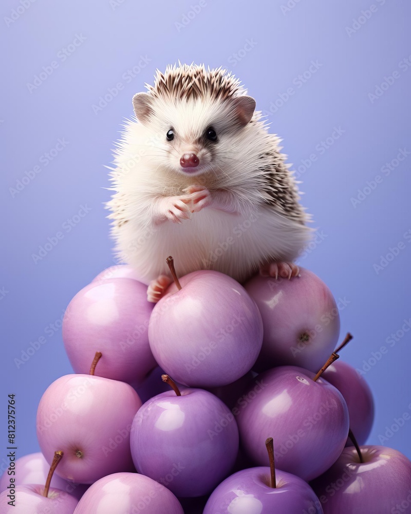 levitating hedgehog surrounded with floating apple slices, light turquoise pastel color background, professional studio photography, hyperrealistic, minimalism, negative space, high detailed, sharp fo