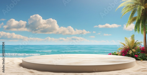 3D Podium design with Summer sea Beach background of tropical design product placement display