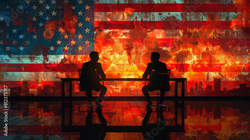 debate between two silhouettes of businessmen against the background of the American flag.generative ai © LomaPari2021