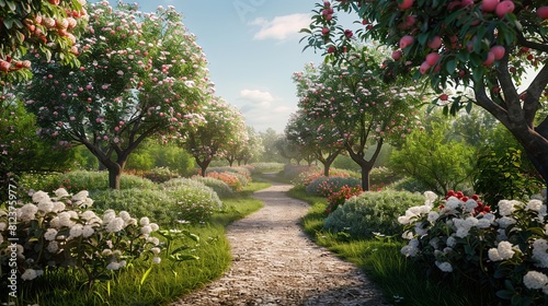 Lush garden pathway flanked by flowering trees and colorful bushes under a clear sky  creating a serene landscape.