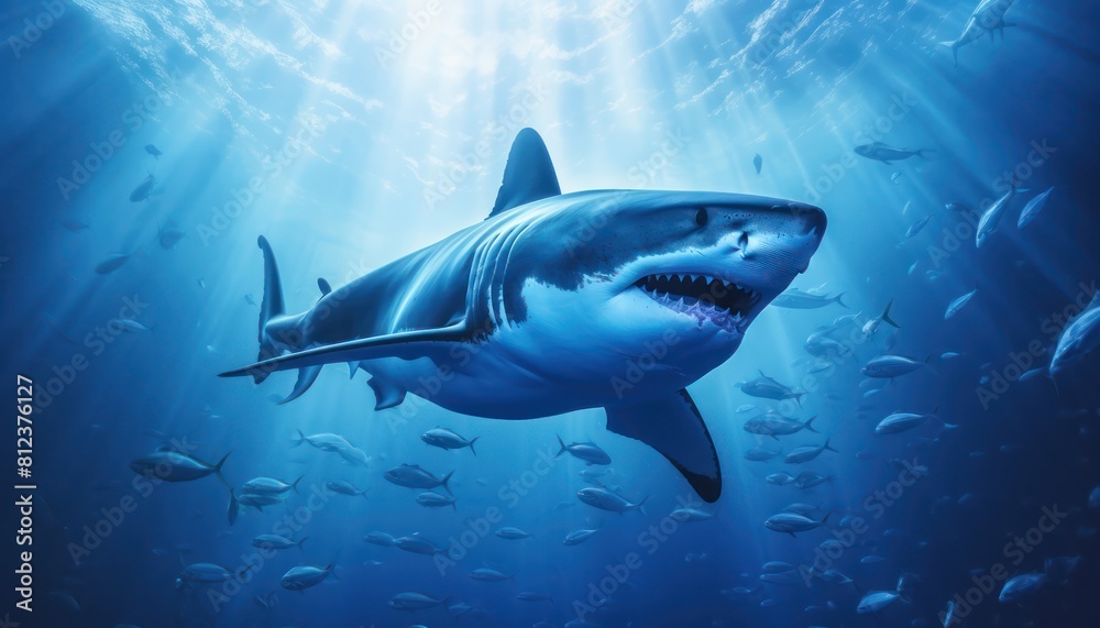 Great white shark in the ocean, portrait of White shark hunting prey in the underwater Great white shark in the ocean, portrait of White shark hunting prey in the underwater