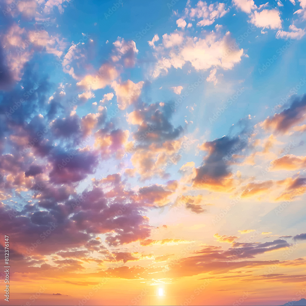 Sunset sky for background or sunrise sky and cloud at morning.Panorama sunset sky for background or sunrise sky and cloud at morning.Green rice fild with evening sky,generative ai 