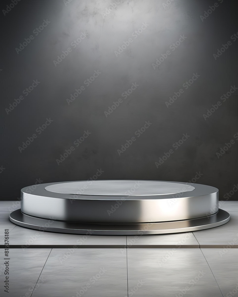Metal-themed podium with shiny, brushed surfaces, set against a minimalist, steel background, perfect for showcasing products with a futuristic and strong character. Copy space Metal-themed podium with shiny, brushed surfaces, set against a minimalist, steel background, perfect for showcasing products with a futuristic and strong character. Copy space