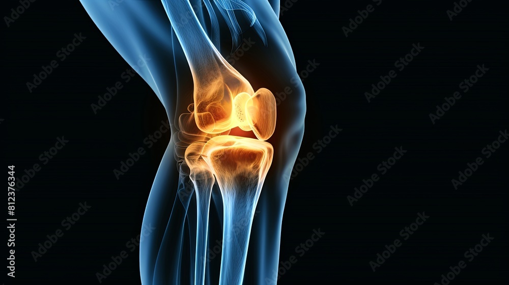 An X-ray blue of a knee with the knee joint highlighted in yellow ,MRI ...