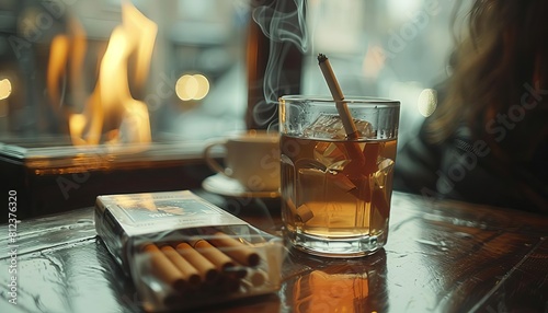 Portray a former smoker drinking tea, with a pack of cigarettes on the table, unopened and ignored photo