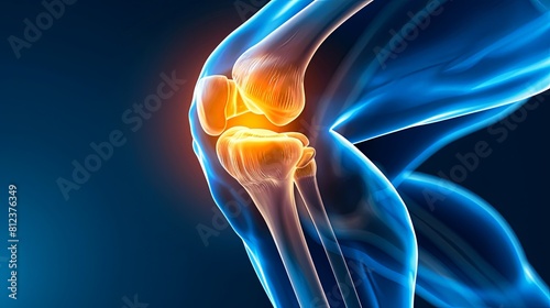 An X-ray blue of a knee with the knee joint highlighted in yellow ,MRI scan of a human knee joint, showing the bones and ligaments.