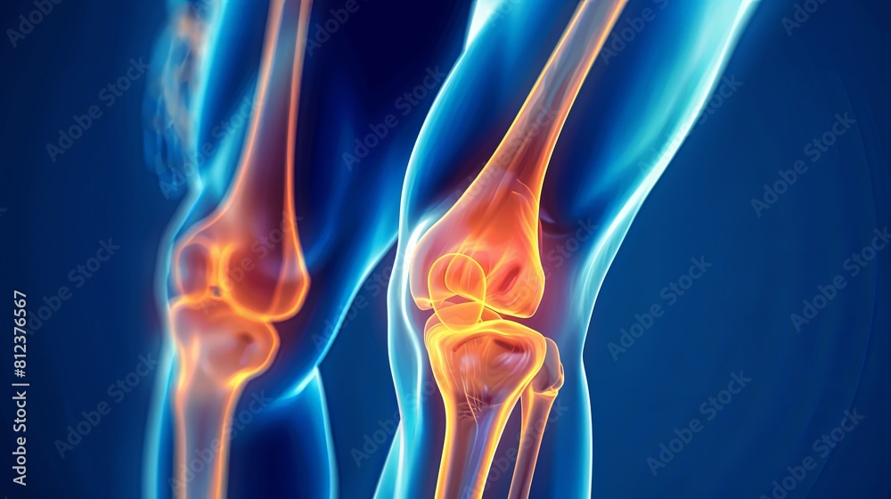 An X-ray blue of a knee with the knee joint highlighted in yellow ,MRI scan of a human knee  joint, showing the bones and ligaments.